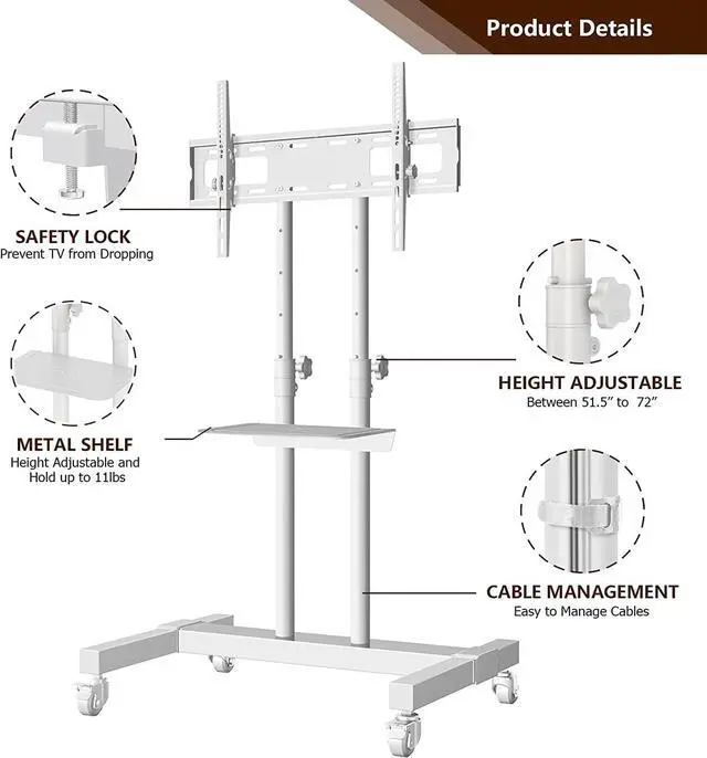 Alt view image 4 of 7 - Mobile TV Stand Rolling TV Cart Floor Stand with Mount on Lockable Wheels Height Adjustable Shelf for 32-80 Inch TV Stand Flat Screen or Curved TVs Monitors Display Trolley Loading 110 lbs, White