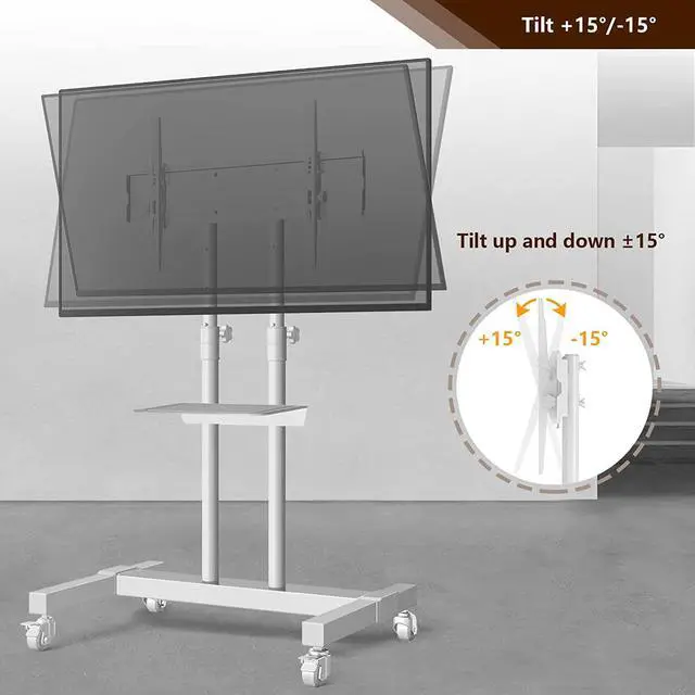 Alt view image 6 of 7 - Mobile TV Stand Rolling TV Cart Floor Stand with Mount on Lockable Wheels Height Adjustable Shelf for 32-80 Inch TV Stand Flat Screen or Curved TVs Monitors Display Trolley Loading 110 lbs, White