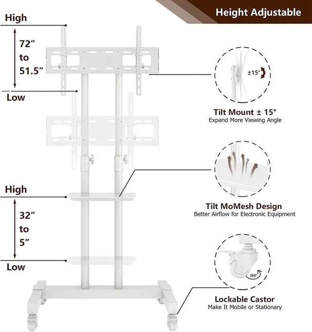 Alt view image 5 of 7 - Mobile TV Stand Rolling TV Cart Floor Stand with Mount on Lockable Wheels Height Adjustable Shelf for 32-80 Inch TV Stand Flat Screen or Curved TVs Monitors Display Trolley Loading 110 lbs, White