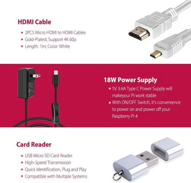 Alt view image 6 of 6 - Raspberry Pi 4 4GB Starter Kit - 64GB Edition, Raspberry Pi 4 Case with PWM Fan, Raspberry Pi 5V 3.6A 18W Power Supply with ON/Off Switch, HDMI Cables for Raspberry Pi 4B (4GB RAM)