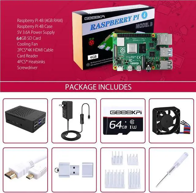 Alt view image 2 of 6 - Raspberry Pi 4 4GB Starter Kit - 64GB Edition, Raspberry Pi 4 Case with PWM Fan, Raspberry Pi 5V 3.6A 18W Power Supply with ON/Off Switch, HDMI Cables for Raspberry Pi 4B (4GB RAM)