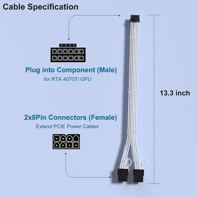 Alt view image 2 of 7 - RTX 4070Ti PCIe 5.0 Power Cable Extender, 12VHPWR 16Pin(12+4) Male to 2x8Pin Female 16AWG Sleeved Extension Cord with Cable Combs Compatible GeForce RTX 4070Ti/4070/4060Ti/4060 (13.3in, White)