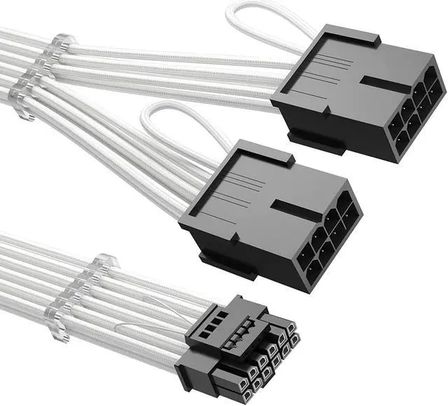 Main image of RTX 4070Ti PCIe 5.0 Power Cable Extender, 12VHPWR 16Pin(12+4) Male to 2x8Pin Female 16AWG Sleeved Extension Cord with Cable Combs Compatible GeForce RTX 4070Ti/4070/4060Ti/4060 (13.3in, White)