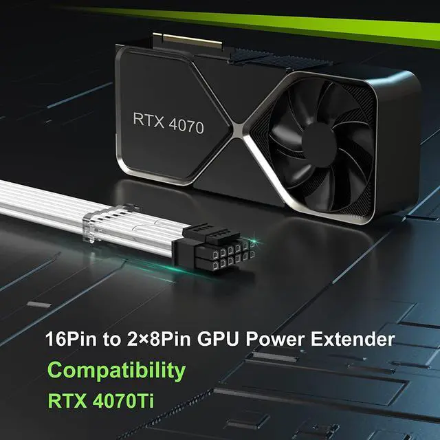 Alt view image 6 of 7 - RTX 4070Ti PCIe 5.0 Power Cable Extender, 12VHPWR 16Pin(12+4) Male to 2x8Pin Female 16AWG Sleeved Extension Cord with Cable Combs Compatible GeForce RTX 4070Ti/4070/4060Ti/4060 (13.3in, White)