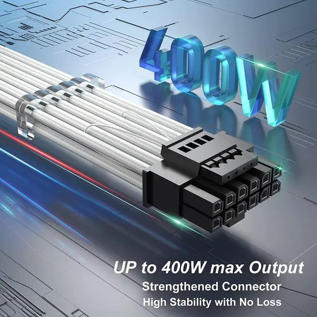 Alt view image 4 of 7 - RTX 4070Ti PCIe 5.0 Power Cable Extender, 12VHPWR 16Pin(12+4) Male to 2x8Pin Female 16AWG Sleeved Extension Cord with Cable Combs Compatible GeForce RTX 4070Ti/4070/4060Ti/4060 (13.3in, White)