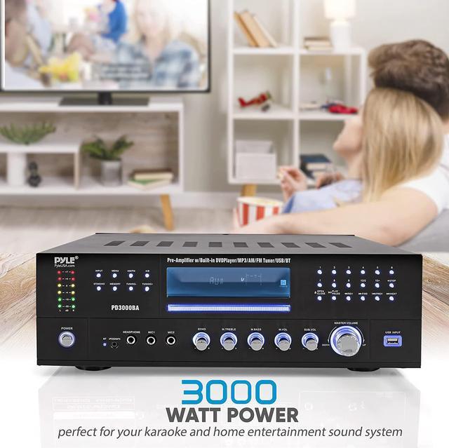 Alt view image 3 of 7 - Pyle 4 Channel Wireless Bluetooth Amplifier - 3000 Watt Stereo Speaker Home Audio Receiver w/ FM Radio, USB, 2 Microphone w/ Echo for Karaoke, Front Loading CD DVD Player, LED, Rack Mount