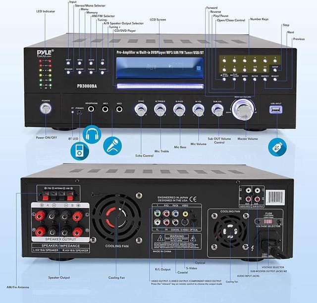 Alt view image 2 of 7 - Pyle 4 Channel Wireless Bluetooth Amplifier - 3000 Watt Stereo Speaker Home Audio Receiver w/ FM Radio, USB, 2 Microphone w/ Echo for Karaoke, Front Loading CD DVD Player, LED, Rack Mount