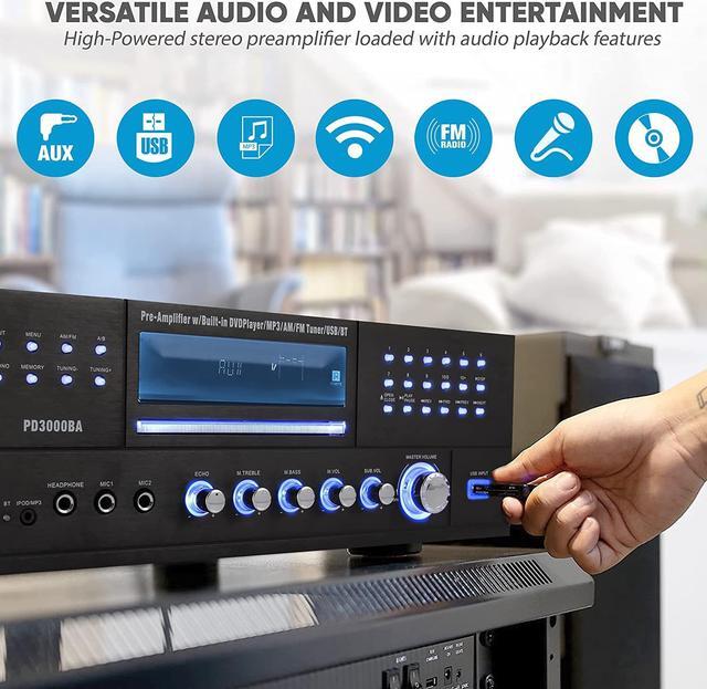 Alt view image 5 of 7 - Pyle 4 Channel Wireless Bluetooth Amplifier - 3000 Watt Stereo Speaker Home Audio Receiver w/ FM Radio, USB, 2 Microphone w/ Echo for Karaoke, Front Loading CD DVD Player, LED, Rack Mount
