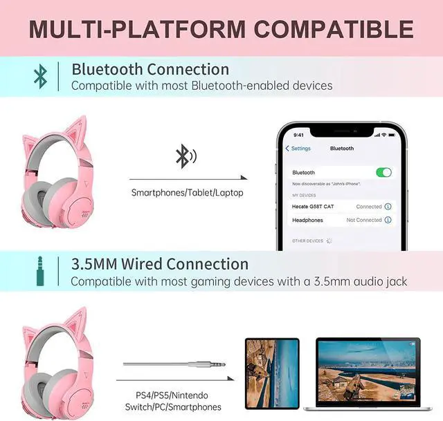 Alt view image 2 of 7 - Edifier CAT Wireless Bluetooth Wired Cat Ear Gaming Headset with Mic (G5BTPink)