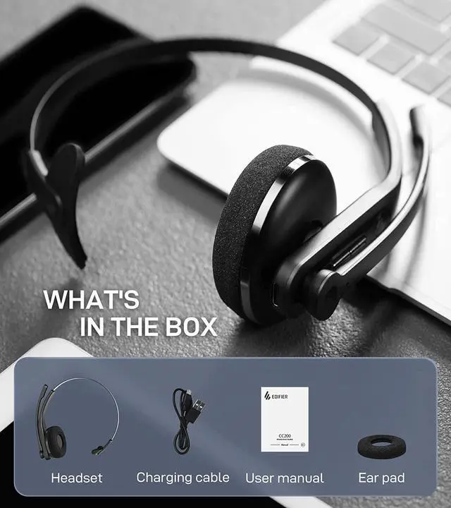 Alt view image 7 of 7 - Edifier Bluetooth Headset with Noise Cancelling Microphone - Trucker Bluetooth Headset - HD Voice - 29hrs Talk Time - USB-C Cable - Multiple Calls Control - Ultralight Design - CC200Black