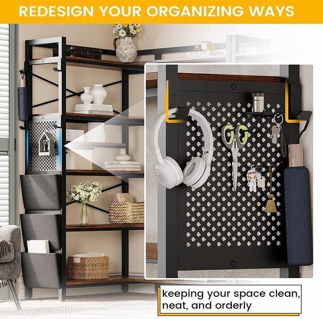 Alt view image 5 of 6 - Corner Bookshelf, Convertible 5-Tier Bookshelves with Storage or 63" W Bookcase, Tall Bookshelf with Pegboard, Storage Bag & LED Light for Bedroom, Black