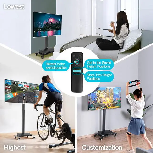 Alt view image 2 of 7 - Motorized & Mobile 2-in-1 TV Lift Cart for 37-75 inch Flat/Curved Screens Automated Lift with Remote Height Adjustable up to 57" Floor Rolling Stand with Locking Wheels for Home Office