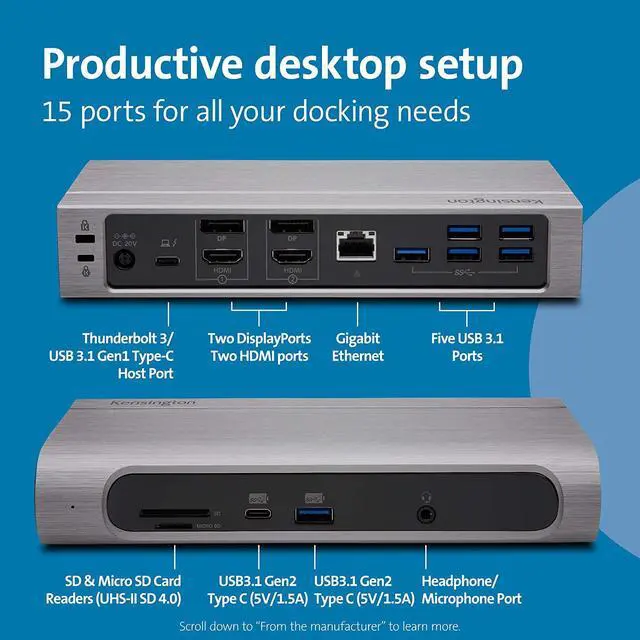 Alt view image 2 of 6 - Kensington 14-in-1 Thunderbolt 3 Dock USB-C - Compatible with Thunderbolt 4, Mac and Windows, 96W Charging, Dual 4K@60Hz, 40Gbps Transfer Speeds, HDMI 2.0 and DisplayPort, Ethernet - SD5600T