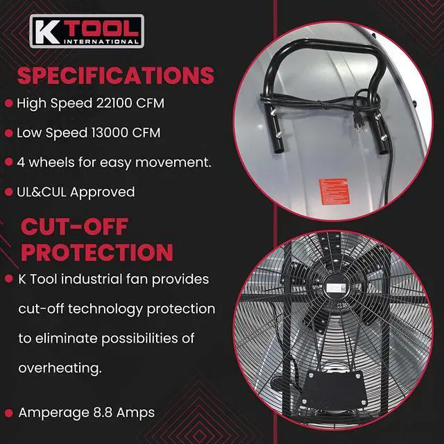 Alt view image 4 of 7 - K Tool International 77760; 60 Belt Drive Drum Fan, Ideal for Warehouses and Barns, 4 Casters for Easy Mobility Around the Shop or Garage, High Velocity 2 Speed Motor Produces 22,100 Max CFM, Gray