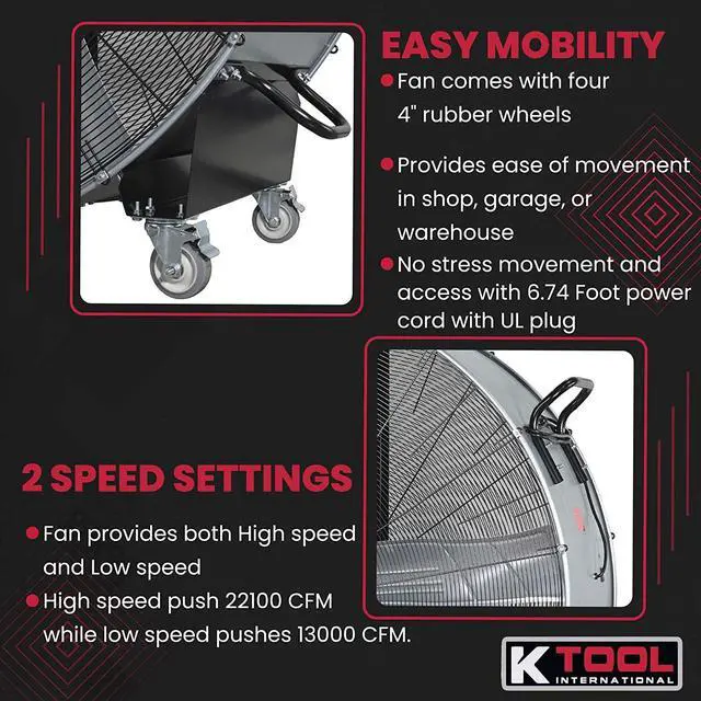 Alt view image 5 of 7 - K Tool International 77760; 60 Belt Drive Drum Fan, Ideal for Warehouses and Barns, 4 Casters for Easy Mobility Around the Shop or Garage, High Velocity 2 Speed Motor Produces 22,100 Max CFM, Gray