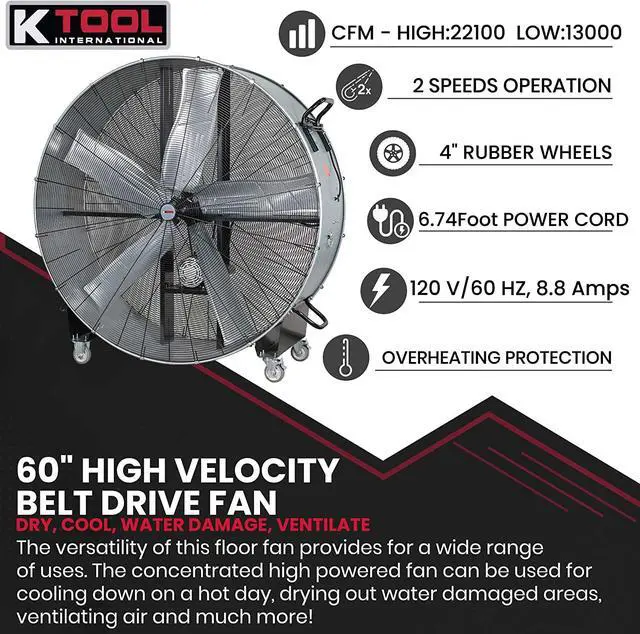 Alt view image 3 of 7 - K Tool International 77760; 60 Belt Drive Drum Fan, Ideal for Warehouses and Barns, 4 Casters for Easy Mobility Around the Shop or Garage, High Velocity 2 Speed Motor Produces 22,100 Max CFM, Gray