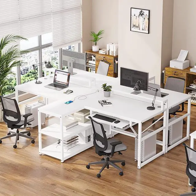 Alt view image 3 of 7 - 94.5" White Computer Desk, Two Person Gaming Desk with LED Light, Keyboard Tray, Power Strip with USB, Monitor Shelf & Storage, Extra Long Double Desk for Home Office, White
