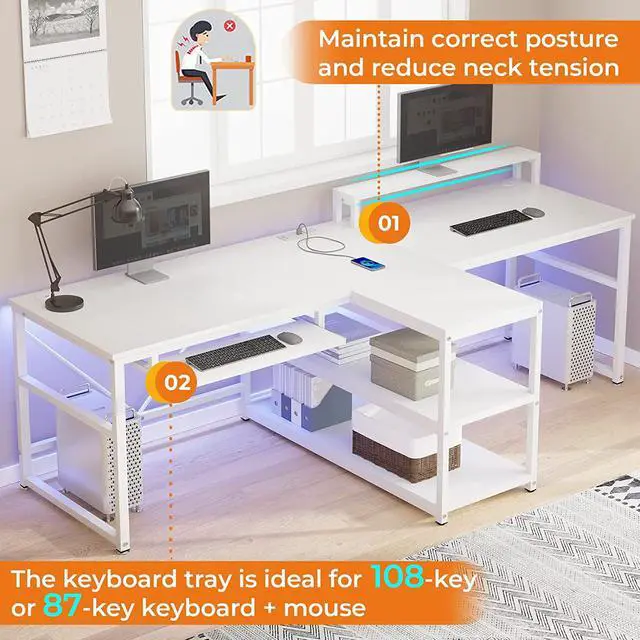 Alt view image 7 of 7 - 94.5" White Computer Desk, Two Person Gaming Desk with LED Light, Keyboard Tray, Power Strip with USB, Monitor Shelf & Storage, Extra Long Double Desk for Home Office, White