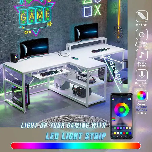 Alt view image 6 of 7 - 94.5" White Computer Desk, Two Person Gaming Desk with LED Light, Keyboard Tray, Power Strip with USB, Monitor Shelf & Storage, Extra Long Double Desk for Home Office, White