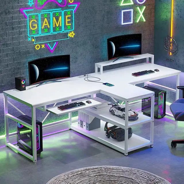 Main image of 94.5" White Computer Desk, Two Person Gaming Desk with LED Light, Keyboard Tray, Power Strip with USB, Monitor Shelf & Storage, Extra Long Double Desk for Home Office, White