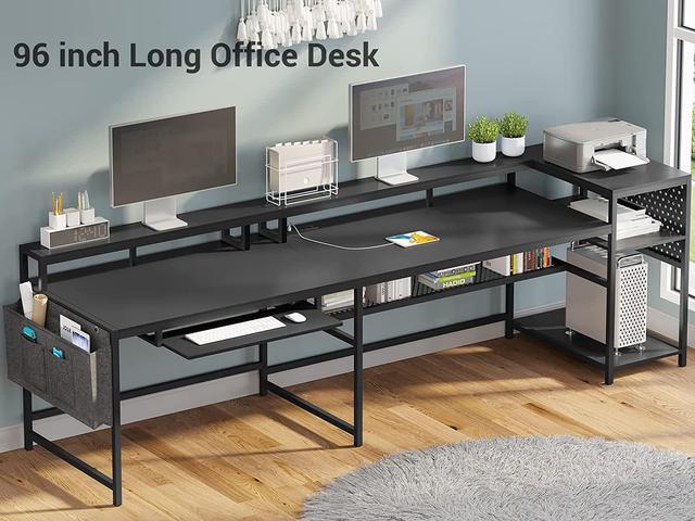 Alt view image 4 of 7 - 96" L Shaped Gaming Desk, Reversible Computer Desk, Gaming Desk with Power Outlets & LED Strip, Monitor Shelf, Keyboard Tray, Pegboard and Storage Shelves for Home Office, Black