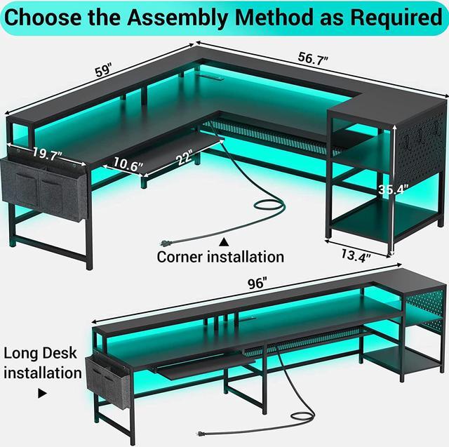 Alt view image 3 of 7 - 96" L Shaped Gaming Desk, Reversible Computer Desk, Gaming Desk with Power Outlets & LED Strip, Monitor Shelf, Keyboard Tray, Pegboard and Storage Shelves for Home Office, Black