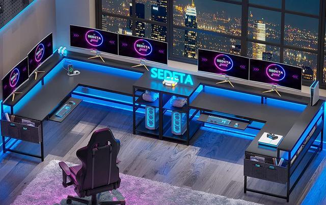 Alt view image 2 of 7 - 96" L Shaped Gaming Desk, Reversible Computer Desk, Gaming Desk with Power Outlets & LED Strip, Monitor Shelf, Keyboard Tray, Pegboard and Storage Shelves for Home Office, Black