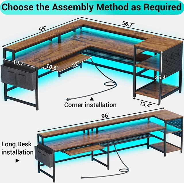 L Shaped Gaming Computer Desk, Reversible Computer Desk, L Shaped Desk with  Power Outlets & LED Strip, Monitor Shelf, Keyboard Tray, Pegboard and  Storage Shelves for Home Office, Rustic Brown 