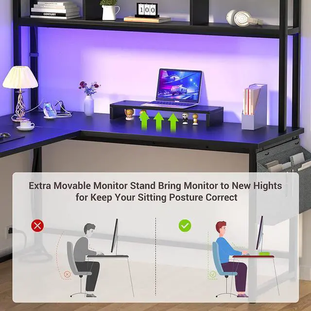 Alt view image 4 of 7 - L Shaped Desk with Power Outlet & LED Strip, Reversible L-Shaped Corner Computer Desks Gaming Desk with Storage Shelf & Monitor Stand, Modern 2 Person Home Office Desk, Writing Desk, Black