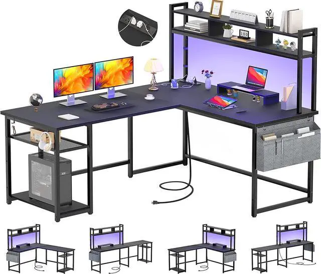 Main image of L Shaped Desk with Power Outlet & LED Strip, Reversible L-Shaped Corner Computer Desks Gaming Desk with Storage Shelf & Monitor Stand, Modern 2 Person Home Office Desk, Writing Desk, Black