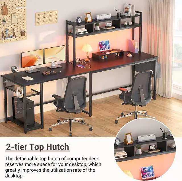 Alt view image 5 of 7 - L Shaped Desk with Power Outlet & LED Strip, Reversible L-Shaped Corner Computer Desks Gaming Desk with Storage Shelf & Monitor Stand, Modern 2 Person Home Office Desk, Writing Desk, Black