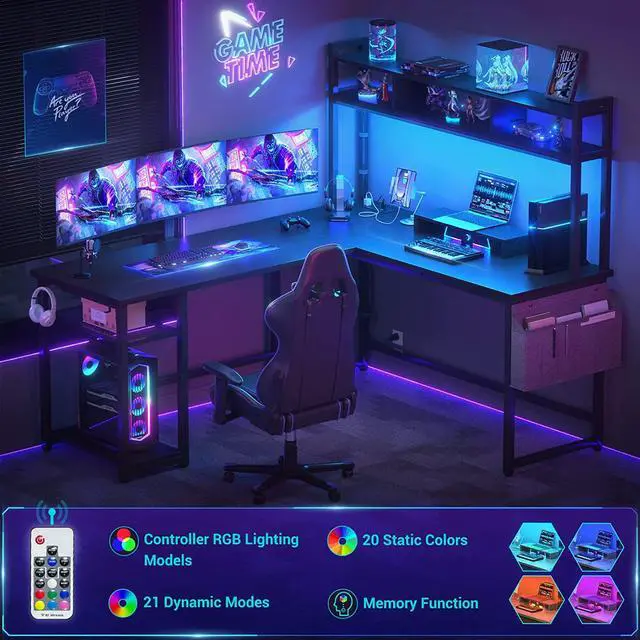 Alt view image 3 of 7 - L Shaped Desk with Power Outlet & LED Strip, Reversible L-Shaped Corner Computer Desks Gaming Desk with Storage Shelf & Monitor Stand, Modern 2 Person Home Office Desk, Writing Desk, Black