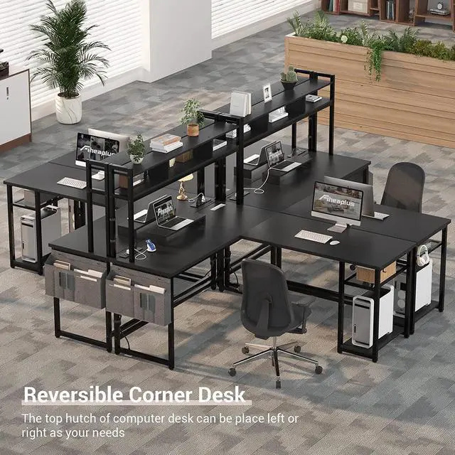 Alt view image 6 of 7 - L Shaped Desk with Power Outlet & LED Strip, Reversible L-Shaped Corner Computer Desks Gaming Desk with Storage Shelf & Monitor Stand, Modern 2 Person Home Office Desk, Writing Desk, Black