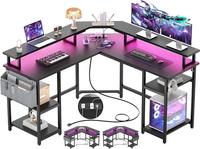 Gaming Desk with Led Lights and Power Strip L Shaped Desk Corner Computer  Desk with Monitor Stand, Carbon Fiber Surface Gaming Table with Desk  Accessories Cup Holder Headphone Hook, Black 