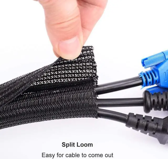 Alt view image 2 of 6 - 20ft - 3/4 inch Black Cable Sleeve, Cable Organizer for Desk PC TV Computer, Wire Protector Cable Wrap Cover, Cord Management for Home Office