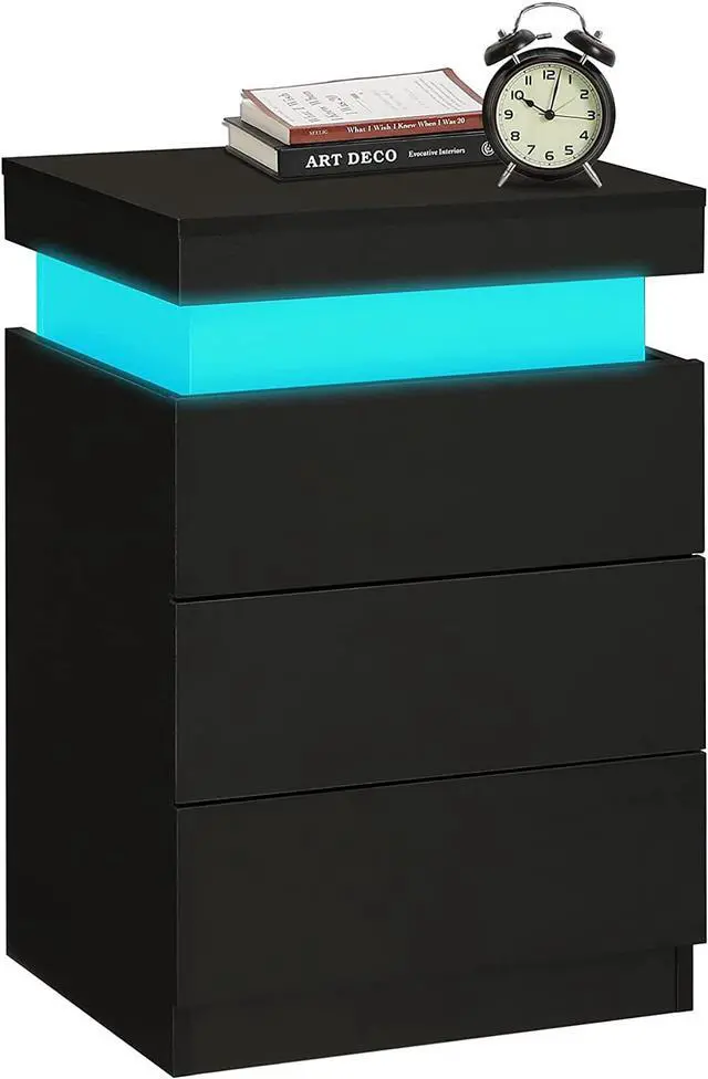 Main image of Nightstand with Charging Station and LED Lights,Night Stand with Sliding Top,Bedside Table with Drawers,Modern End Side Table for Bedroom,Black