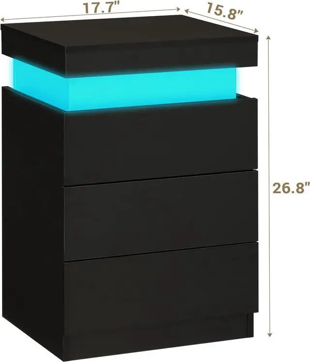 Alt view image 2 of 7 - Nightstand with Charging Station and LED Lights,Night Stand with Sliding Top,Bedside Table with Drawers,Modern End Side Table for Bedroom,Black
