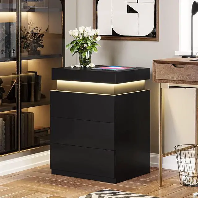 Alt view image 6 of 7 - Nightstand with Charging Station and LED Lights,Night Stand with Sliding Top,Bedside Table with Drawers,Modern End Side Table for Bedroom,Black