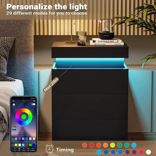 Alt view image 5 of 7 - Nightstand with Charging Station and LED Lights,Night Stand with Sliding Top,Bedside Table with Drawers,Modern End Side Table for Bedroom,Black