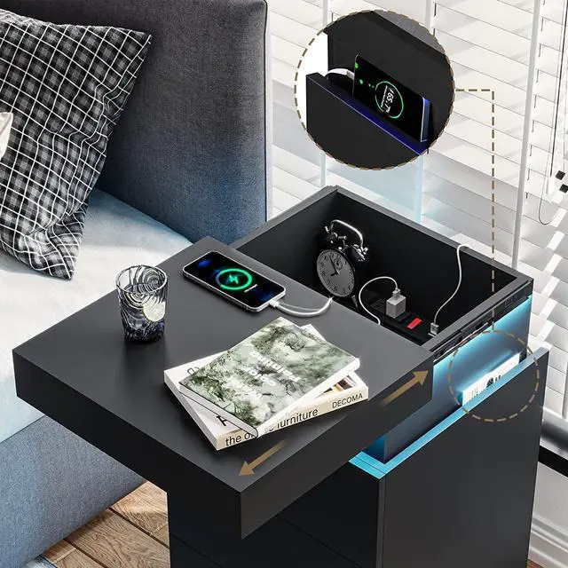 Alt view image 3 of 7 - Nightstand with Charging Station and LED Lights,Night Stand with Sliding Top,Bedside Table with Drawers,Modern End Side Table for Bedroom,Black
