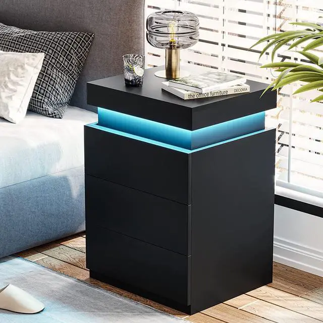 Alt view image 4 of 7 - Nightstand with Charging Station and LED Lights,Night Stand with Sliding Top,Bedside Table with Drawers,Modern End Side Table for Bedroom,Black