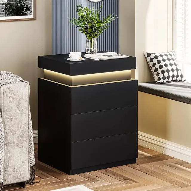 Alt view image 7 of 7 - Nightstand with Charging Station and LED Lights,Night Stand with Sliding Top,Bedside Table with Drawers,Modern End Side Table for Bedroom,Black