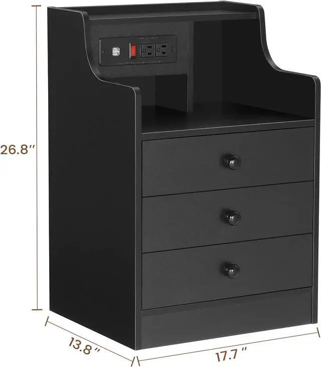 Alt view image 3 of 7 - Nightstand with Charging Station,Black Night Stand for Bedroom,End Table with Hutch & Storage Drawers