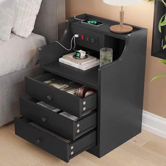 Alt view image 5 of 7 - Nightstand with Charging Station,Black Night Stand for Bedroom,End Table with Hutch & Storage Drawers