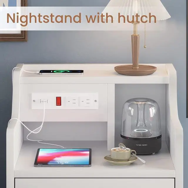 Alt view image 4 of 7 - Nightstand with Charging Station, Night Stand with Hutch and Storage Drawers, Bedside Table Sofa End Table, White