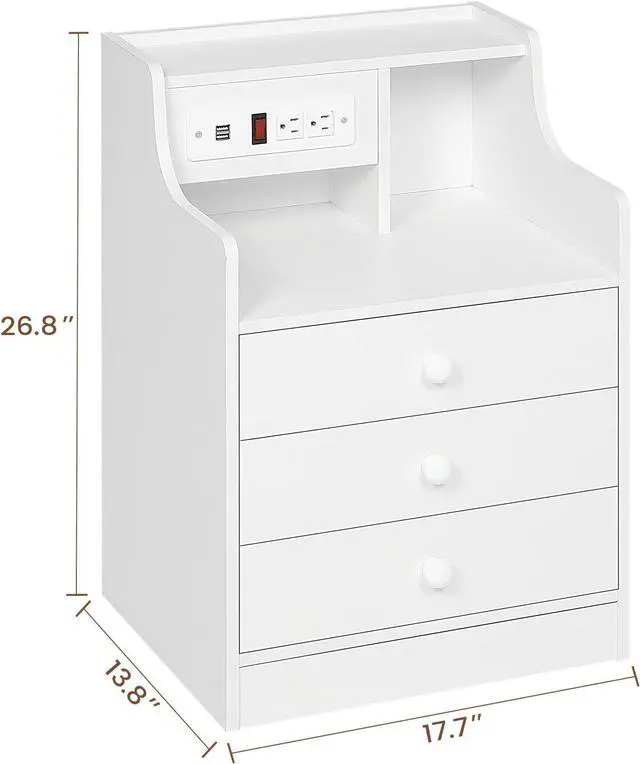 Alt view image 2 of 7 - Nightstand with Charging Station, Night Stand with Hutch and Storage Drawers, Bedside Table Sofa End Table, White