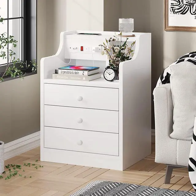 Alt view image 6 of 7 - Nightstand with Charging Station, Night Stand with Hutch and Storage Drawers, Bedside Table Sofa End Table, White