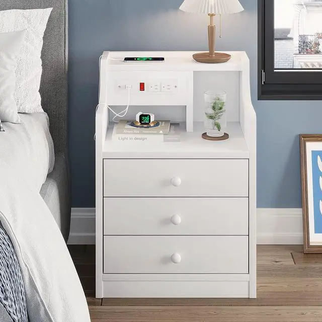 Alt view image 3 of 7 - Nightstand with Charging Station, Night Stand with Hutch and Storage Drawers, Bedside Table Sofa End Table, White