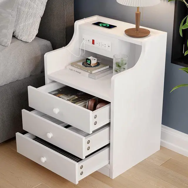 Alt view image 5 of 7 - Nightstand with Charging Station, Night Stand with Hutch and Storage Drawers, Bedside Table Sofa End Table, White