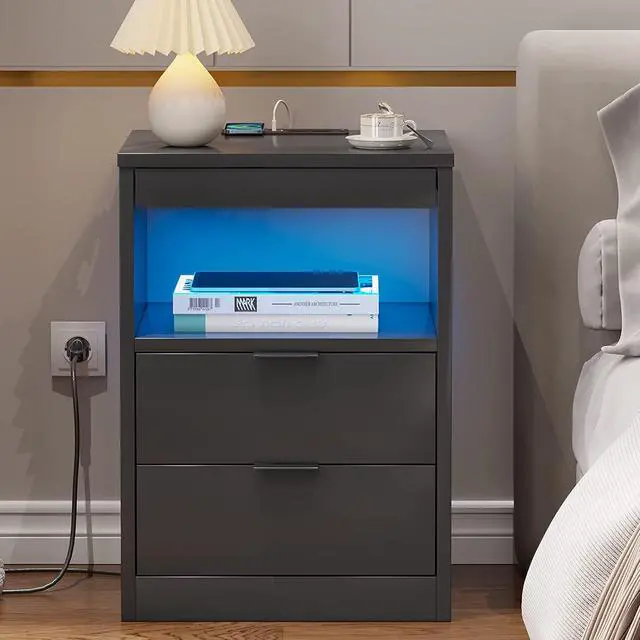 Alt view image 2 of 7 - LED Nightstand Black Nightstand with Wireless Charging Station 2 Drawers, Modern Bedroom End Side Table with LED Lights, Wooden Sofa Bedside Table with Pull-Out Shelf